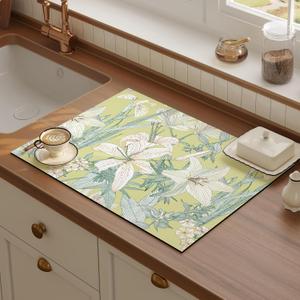 ARTABLE Dish Drying Mat Lily Floral Absorbent Rubber Backed 16 x 24 Inch | Absorbent floral dish drying mat with rubber backing protects kitchen counters and coffee bars while drying dishes fast