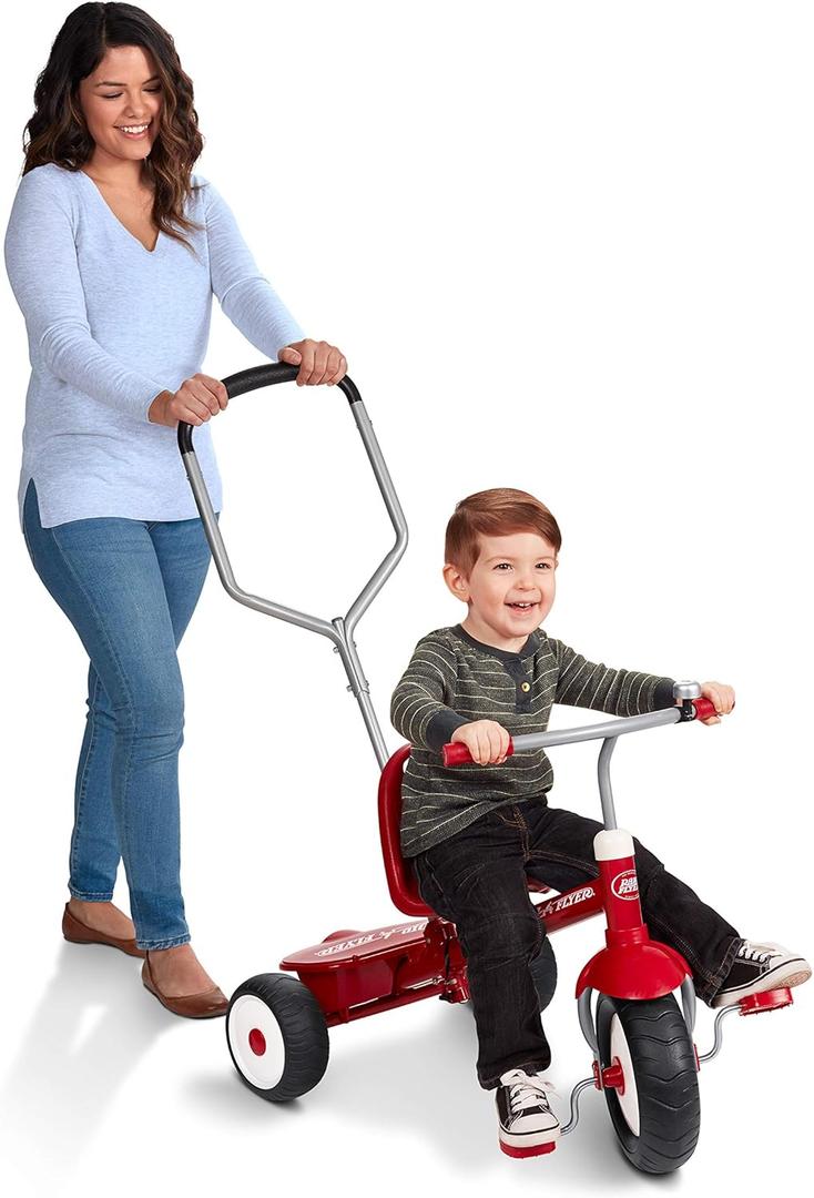 Radio Flyer Deluxe Steer & Stroll Trike, Red, for Kids 2-5, 2-in-1 Parent Steer Tricycle, Removable Push Handle, Adjustable Seat, Steel Frame, Covered Storage Bin, Tricycle for Toddlers and Kids 