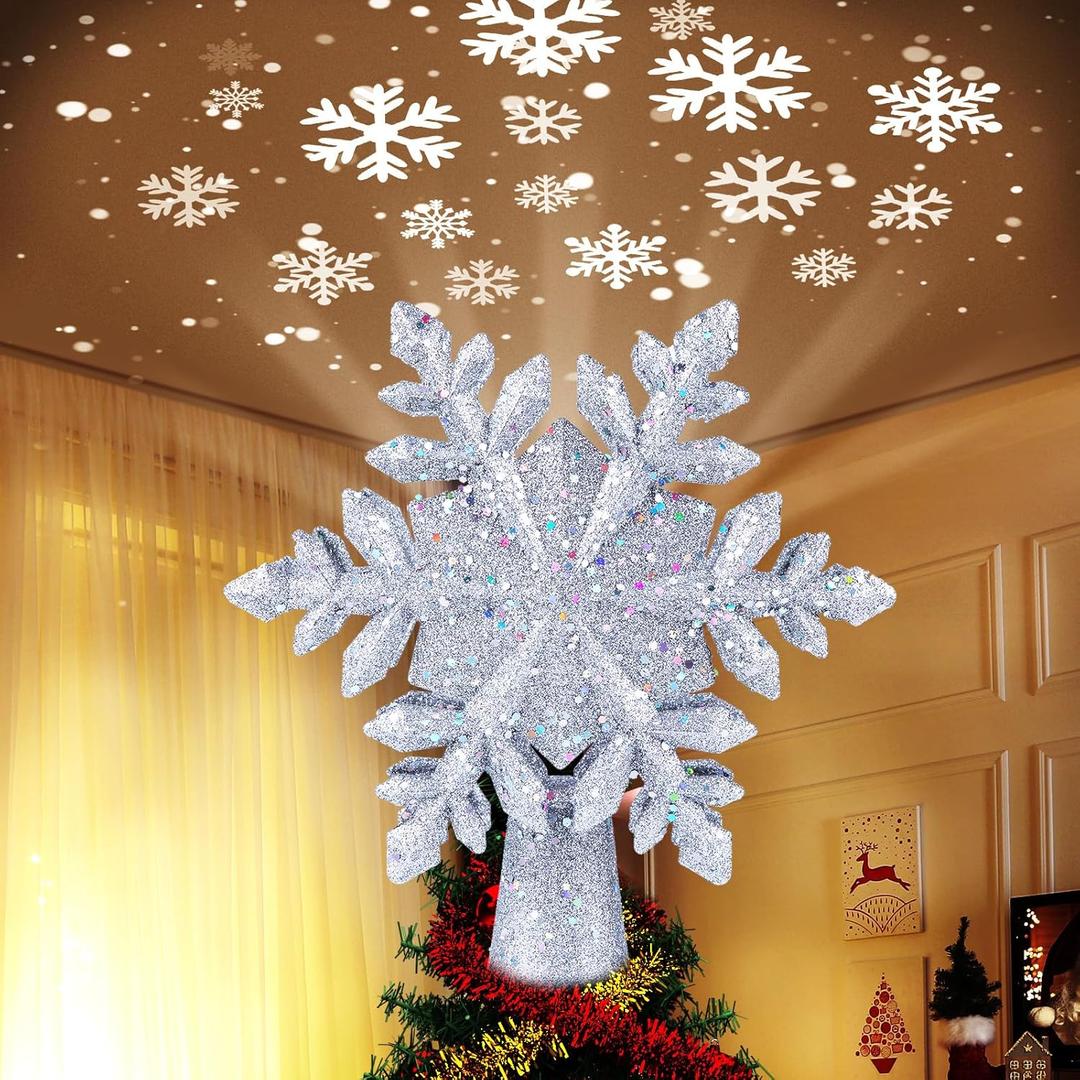 Christmas Tree Topper Lighted with Built-in Led Rotating Snowflake Projector Lights, 9.6 Hollowed Tree Topper with Silver Spangles Plug In for Indoor Home Xmas New Year Party Holiday Night Tree Decor