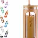 Kodrine 20oz Glass Water Tumbler with Straw and Lid, Bamboo Lids Water Bottle, Iced Coffee Cup Reusable, Wide Mouth Smoothie Cups with Protective Silicone Sleeve BPA FREE-Amber