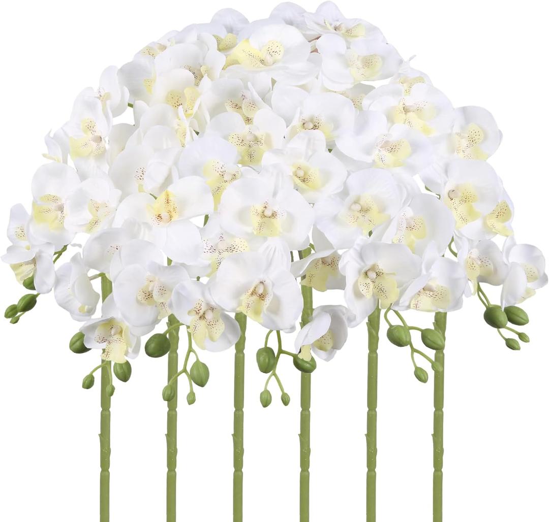 6PCS White Orchids Artificial Flowers 27 Silk Faux Orchids Fake Flowers with Stems for Floral Arrangements Home Wedding Dining Table Party Garden Decoration(White)