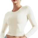 SUUKSESS Women Double Lined Fitted Basic T Shirts Crew Neck Long Sleeve Crop Top (X-Large, Pearl)