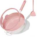 CAROTE 11 Inch Nonstick Deep Frying Pan with Lid, 5 Qt Chef Saute Pan with Pour Spout, Skillet Induction Cookware, Non Stick Cooking Pan Kitchen Pan, Healthy & PFOA/PFAS Free, Includes Spatula, Pink