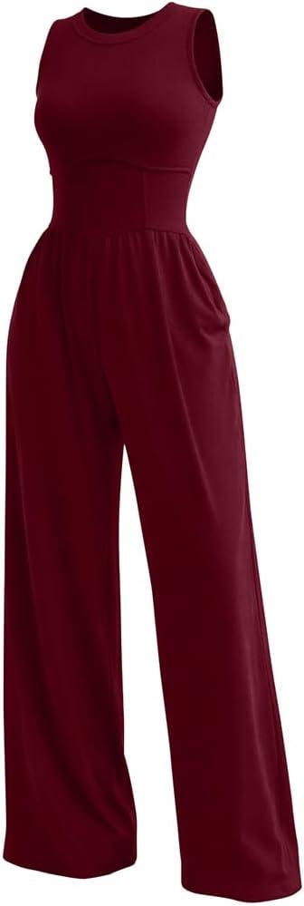 XXTAXN Women's Casual Sleeveless Round Neck Corset Waist Wide Leg Jumpsuit with Pockets - Comfy One-Piece Long Pants Winered (L)