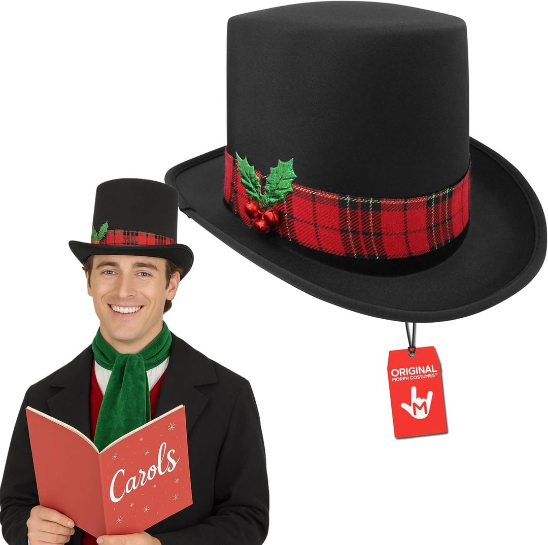 Nicky Bigs Novelties Black Christmas Top Hat, Snowman Hat for Men With Plaid Band & Berries, Pilgrim Hats, Victorian TopHat For Adults, Ugly Christmas Sweater Costume Black TopHat, One Size Fits All