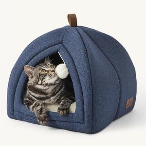 Bedsure Cat Beds for Indoor Cats - 2 in 1 Cat Cave House Tent for Kittens and Small Pets with Removable Washable Cushioned Pillow, Foldable Kitten Hideaway with Non-Slip Bottom, Navy, 16 inches