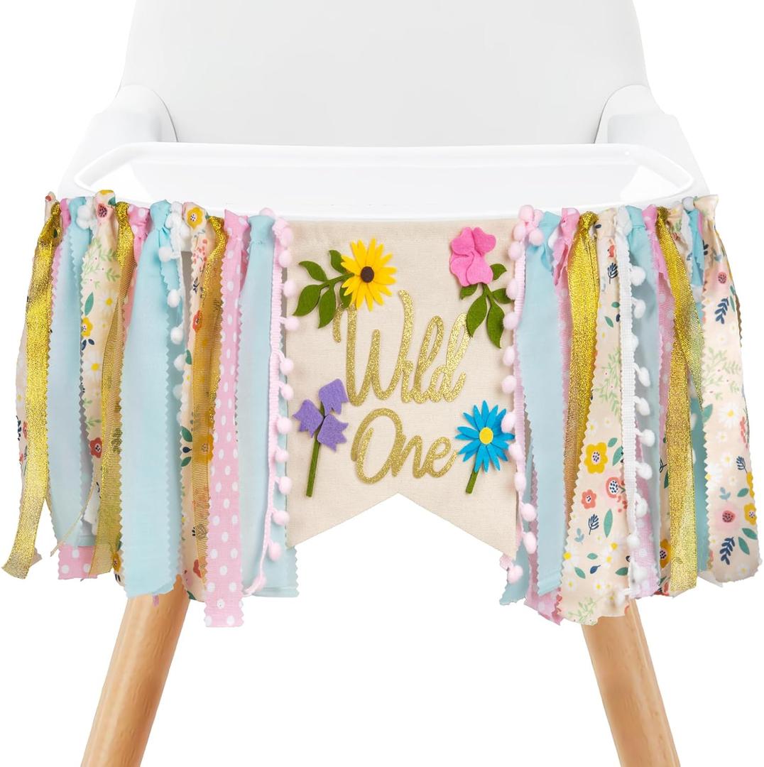 Wildflower High Chair Banner - Floral "Wild One" First Birthday Decor for Girls, Spring Theme Highchair Garland, 1st Birthday Party Decoration, Baby Shower Photo Backdrop (Light Pink)