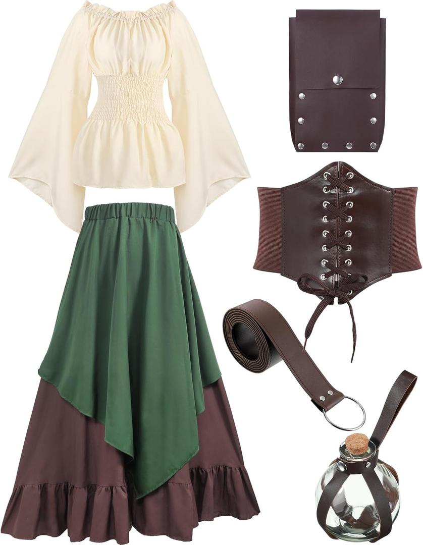 Hillban Women Medieval Renaissance Dress Costume Halloween Blouse Top Skirt Pouch Corset Belt Bottle(Long, Medium, Green)