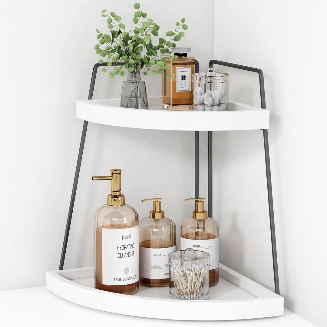 Forbena Corner Bathroom Organizer Countertop, 2Tier Sink Corner Shelf Stand for Kitchen Counter, Modern Coffee Bar Organizer Station, Round Vanity Tray for Men Desk Organization -White and Grey, 10 inches x 10 inches x 13 inches