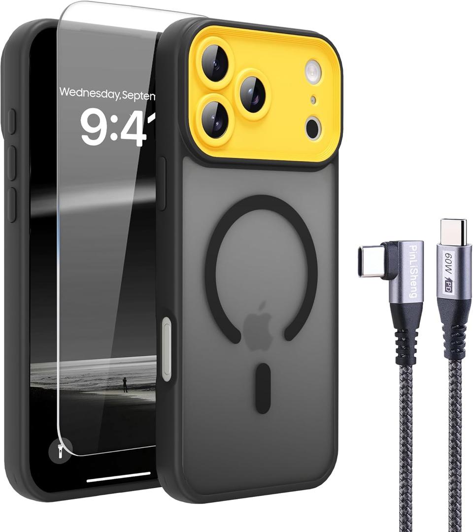 4 x 4 in 1 Magnetic for iPhone 17 Pro Max Case [with 1X Screen Protector, Braided Cable, Removable Lens Case] [Mil-Grade Drop Protection] Shockproof Slim Translucent Matte Protective Phone Case, Black