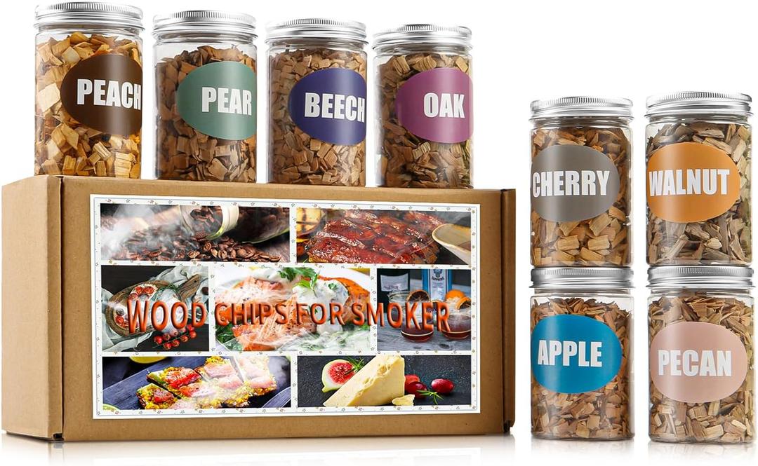 Natural Wood Chips for Smoker, (8 Gift Pack - Apple, Cherry, Oak, Pecan, Pear, Peach, Walnut, Beech) 8 OZ Each| Smoker Woodchips for Smoking Gun and BBQ, Great for Beef Pork Chicken Fish and Whisky