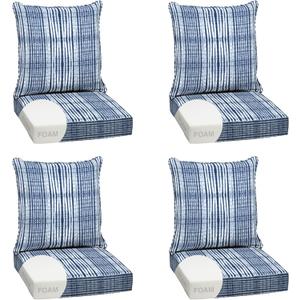 Arden Outdoor Foam Deep Seat Cushion Set (4-Pack), 24x24, Premium High-Density Foam, Never Flattens, Weather-Proof for Patio Chair Sofa Couch, Blue Shibori Stripe