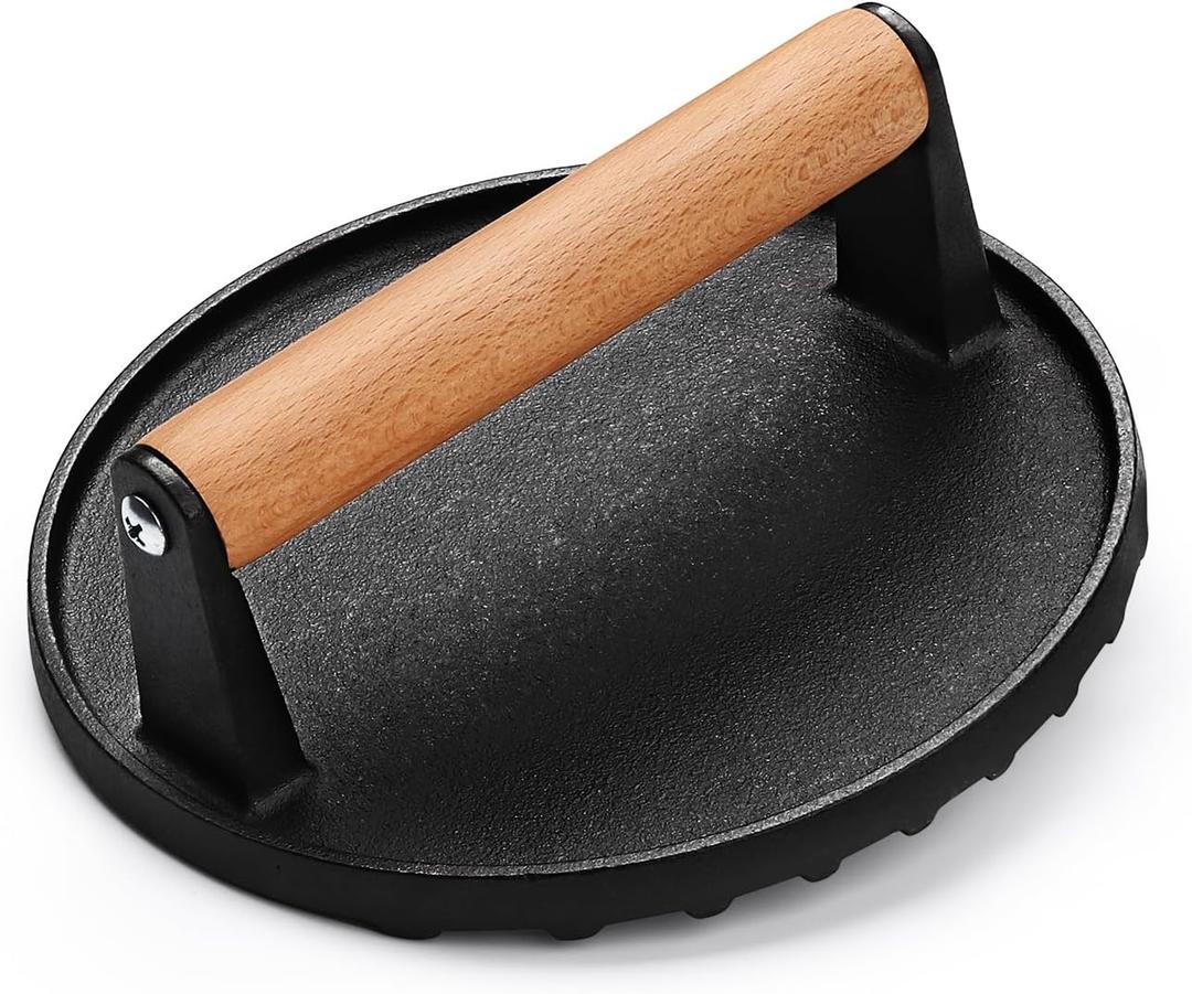 AIVIKI Burger Press, Smash Burger Press for Blackstone Griddle, Heavy Duty Cast Iron Round 6.9In Bacon Grill Press with Wood Handle, Meat Steak Weight for Sandwich, Paninis (Round)