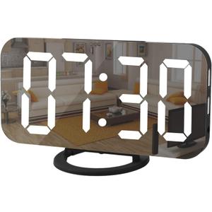 SZELAM Digital Clock Large Display, LED Alarm Electric Clocks Mirror Surface for Makeup with Diming Mode, 3 Levels Brightness, Dual USB Ports Modern Decoration for Home Bedroom Decor-Black