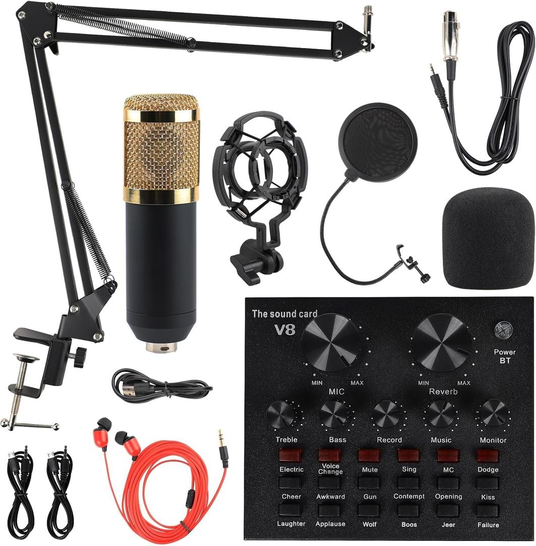 MorTime Condenser Microphone Bundle, Live Sound Card, Adjustable Boom Arm, Shock Mount, Metal Mic Pop Filter, Sponge Pop Filter Cover, Earphone, Audio Cables and Power Cable, Set of 11 Mic Kit