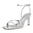 SOVANYOU Silver Heels for Women Dressy Silver Strappy Heels Stiletto Heeled Sandals Square Open Toe High Heels Sexy Metallic Heels Dress Shoes for Wedding Size 6.5