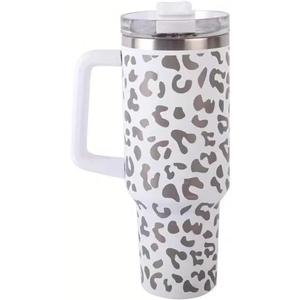 40oz Leopard Stainless Steel Tumbler with Handle, Leopard Tumbler with Straw Insulated Sports Travel Cup for Hot Cold Beverages Thermos Travel Coffee Mug (Leopard White)