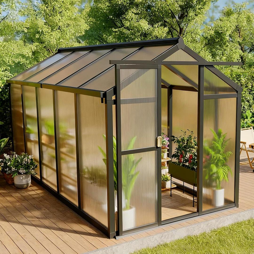 Greenhouse, 6x10 Ft Outdoor Greenhouses, Accessible Green House with Roof Vents and Sliding Doors, Aluminum Frame Polycarbonate Greenhouses, Large Greenhouse for Outdoor Gardens and Backyards, Black