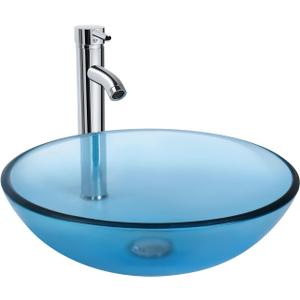 Bathroom Vessel Sink, Tempered Glass Vanity Round Bowl with Chrome Faucet and Pop up drain Set, Blue