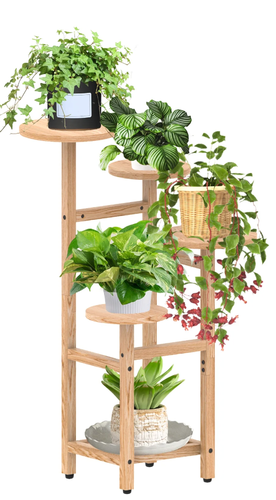 5 Tier Wood Plant Stand Indoor, BueDeHai Round Flower Pot Stand with Plant Saucer and Gardening Tool for Outdoor,Natural