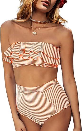 Saodimallsu Women High Waisted 2 Piece Bikini Set Bandeau Ruffle Swimsuit Top Striped Bathing Suits, Medium, Orange
