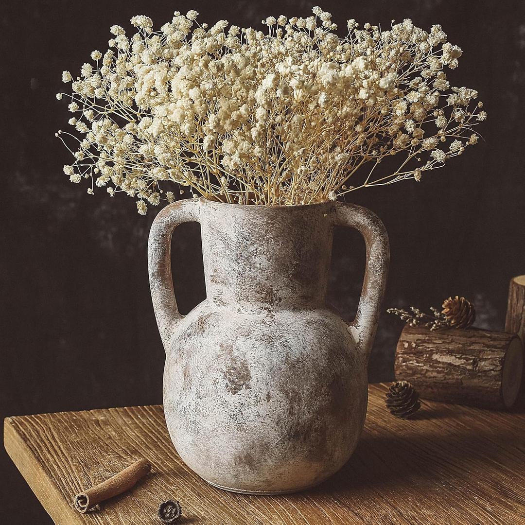 8'' Umbria Vase, Rustic Ceramic Vintage Vase for Farmhouse Home Decor, Modern Boho Living Room Decoration, Table and Shelf Decor