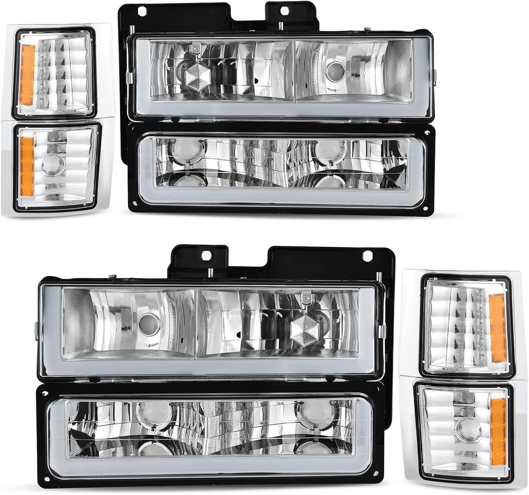 AUTOSAVER88 LED DRL Headlights Assembly Compatible with 1994-1999 Chevy C/K C10 Suburban Tahoe Headlight Headlamp Replacement with Corner Light Chrome Housing Amber Reflector
