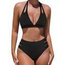 popvil High Waisted Bikini Sets: Black Women's Two Piece Swimsuit Halter Top Bathing Suit, Black, Small