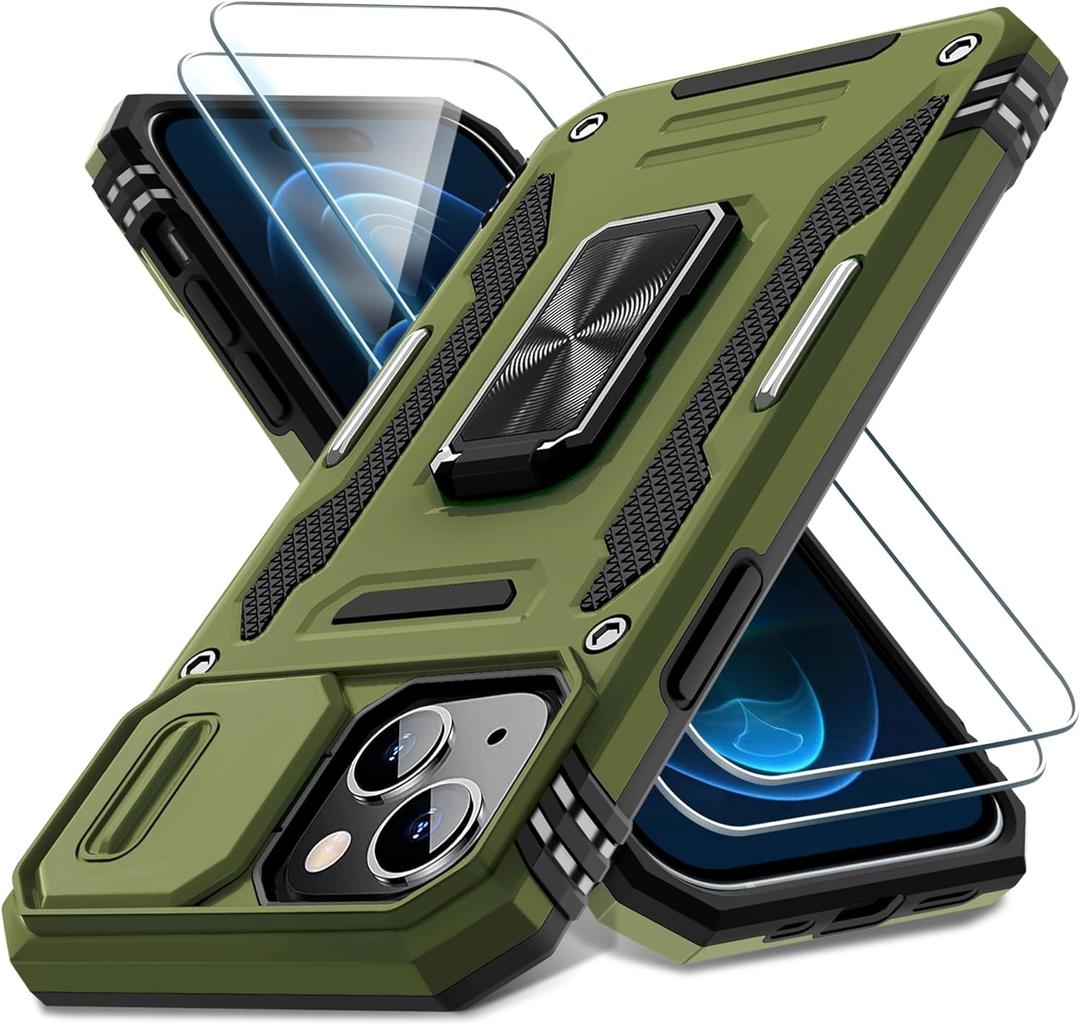 DEERLAMN Case for iPhone 15 with Slide Camera Cover + Screen Protector (2 Packs), Rotated Ring Kickstand Military Grade Shockproof Protective Cover-Olive Green