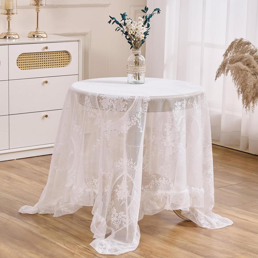 White Floral Embroidered Lace Square Tablecloth 55x55 Vintage Table Cover (White, 55x55, Square)