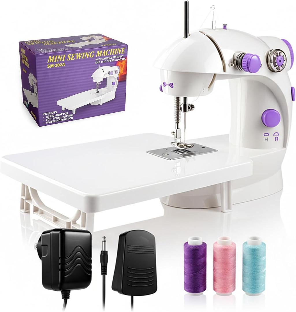 Flying Banana Mini Sewing Machine with Extension Table, Dual Speed Portable Electric Sewing Machine for Beginners, Small Household Mending Kit with Light, Foot Pedal, AC/Battery Operated, White
