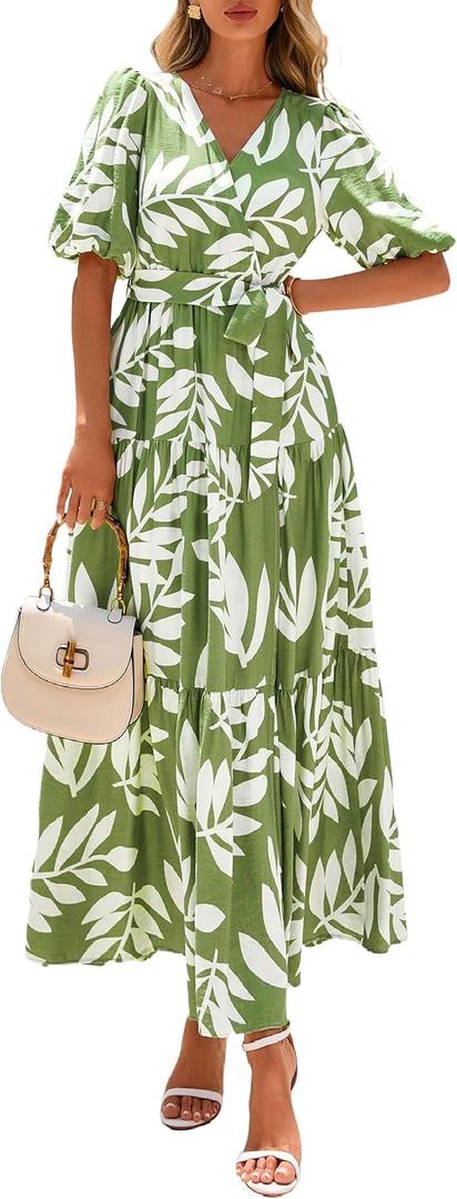 PRETTYGARDEN Women's Summer Maxi Dress 2026 Resort Wear Boho Floral V Neck Puff Short Sleeve Ruffle Flowy Beach Long Dresses (Leaves Light Green), Size M