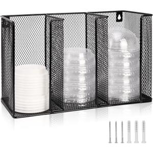 Wall Mount Coffee Cup Lid Holder Organizer 3 Compartments Coffee Cup Lid Dispenser Black Metal Mesh Disposable Cup and Lid Storage for 8-24 Oz Capacity Cup Lid Kitchen Restaurant Coffee Bar Office