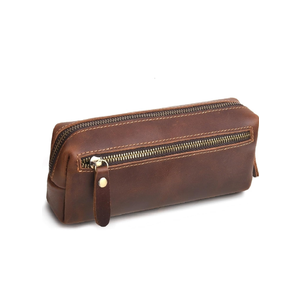 WONDERPOOL Pen Case Real Leather Pencil Pouch Markers Holder Big Capacity Bag with Side Zippered Pocket for Stationery Tool