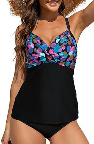 Halcurt Women's Twist Front Tankini Swim Top Only V Neck Loose Fit Bathing Suit Push Up Swimsuit Top, 2 XL