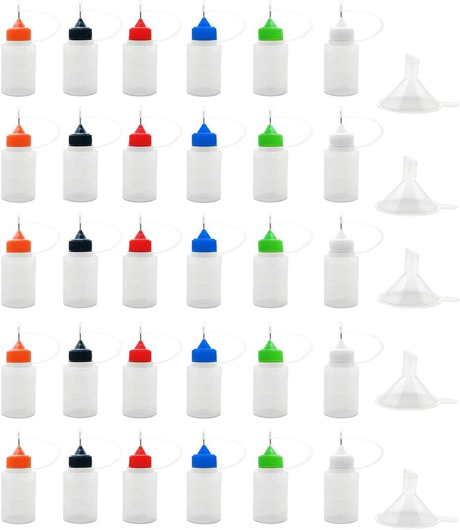 30 Pcs Precision Tip Applicator Bottles, 0.5 Ounce Translucent Glue Bottles, with 5 Mini Funnel, Multicolor Lids