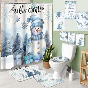 Vesici 7 Pcs Christmas Shower Curtain Set Merry Christmas Bathroom Curtain Non Slip U Shape Rug Toilet Seat Cover Mat and 3 Towel Waterproof Watercolor Xmas Winter Bathroom Accessories (Winter Style)