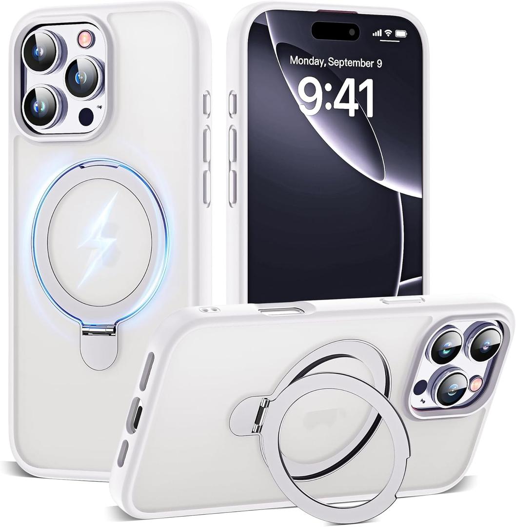 TIANLI Designed for iPhone 16 Pro Case with Magnetic Ring Stand [Compatible with Mag-Safe] [Military Drop Protection] Shockproof Translucent Phone Cover for iPhone 16 Pro 6.3",White
