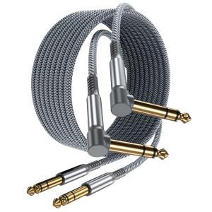 Elebase 1/4 Quarter Inch TRS Instrument Cable 10ft 2-Pack,Right-Angled to Straight 6.35mm Guitar Bass AMP Cord,6.3mm Male Stereo Audio Line for Electric Guitar, Bass, Keyboard, Mixer, Amplifier, Speaker (Grey)