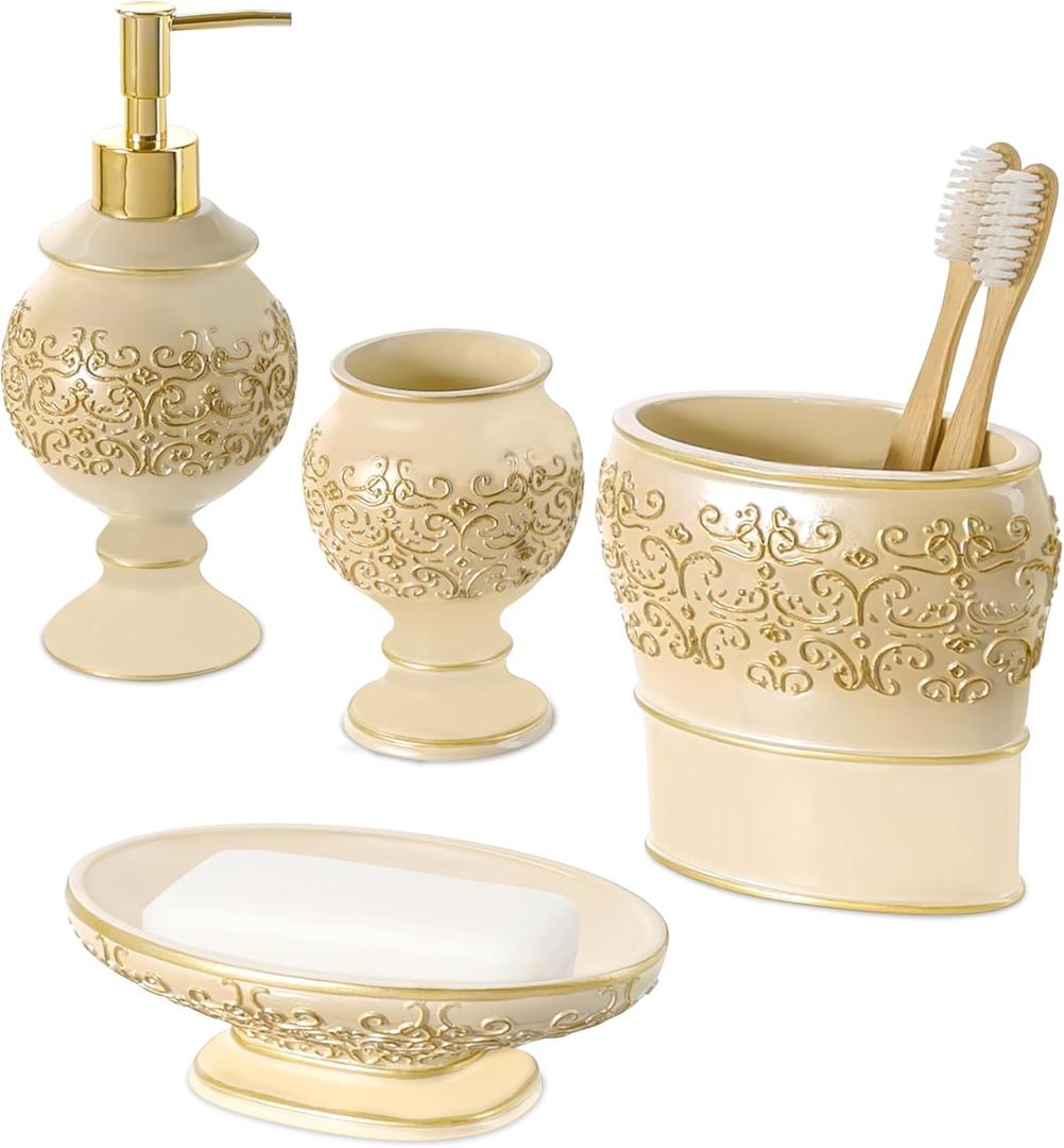 Creative Scents Shannon Beige Bathroom Accessories Set, 4-Piece Bathroom Set - Decorative Bathroom Accessory Set Features: Soap Dispenser, Toothbrush Holder, Tumbler and Soap Dish, Gift Packaged