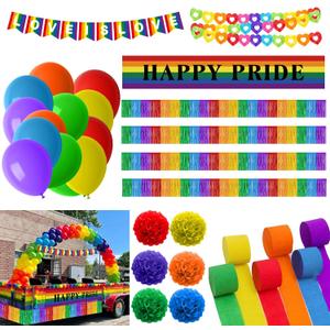 226 Pcs Rainbow Pride Parade Float Decorations Kit Gay Pride Pleated Decor | Paper Foil Fringe Curtains Tinsel Garland Streamer Love is Love Banner LGBTQ Balloon for Trailer Car Truck Golf Party Decor