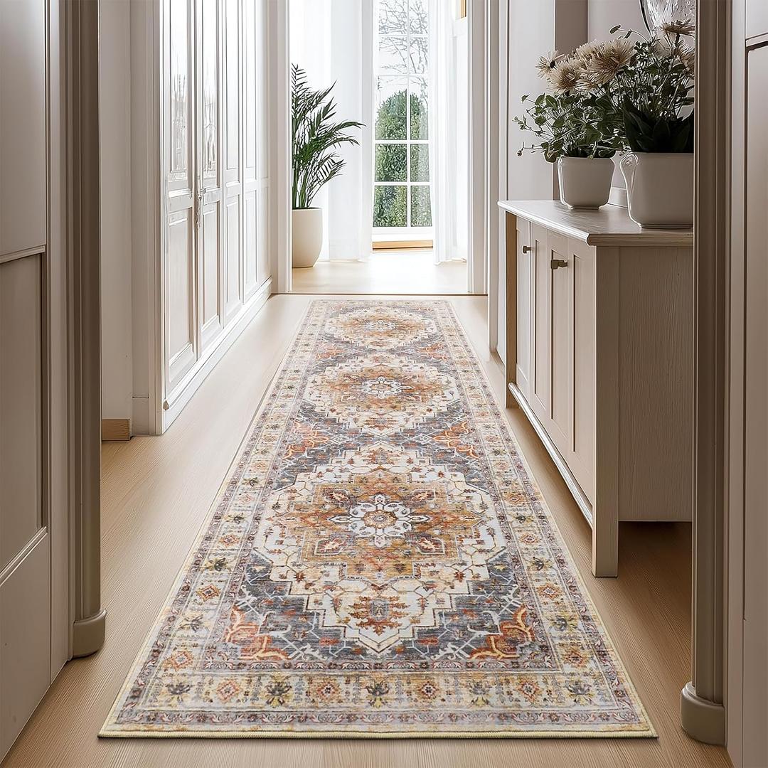 2'6" x 16'Non Slip Runner Rugs - Runners for hallways, Kitchen,Entryway,Stain Resistant Washable Rugs for Bedroom, Indoor Vintage Area Rugs (Turmeric/Grey,2'6" x 16')