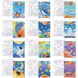 12 Packs Pre Drawn Canvas to Paint, Space Party Favors Pre Printed Canvas, Pre Stretched Canvas Outline Painting Boards for Beginners, Party Favor (5" X 7")