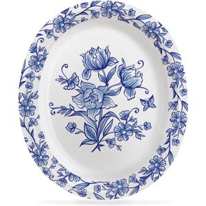 50 Pcs Oval Paper Plates 12 Inch, Floral Paper Plates Heavy Duty, Blue Large Disposable Dinner Serving Platters for July Picnic Wedding