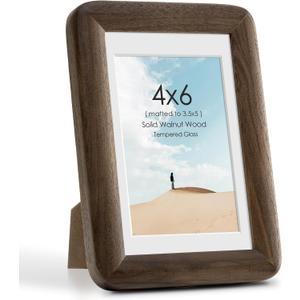 4x6 Picture Frame, Solid Walnut Wood Photo Frame with Mat for 3.5x5 Photos or 4x 6 without Mat, 4x6 Wooden Photo Frames with Tempered Glass, 4 x 6 Curved Wood Picture Frame for Wall or Tabletop Display