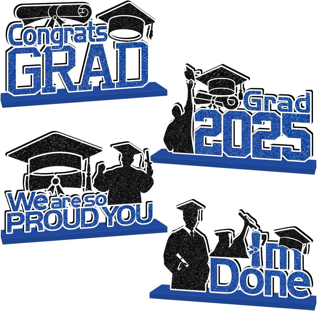 4Pcs Blue and Black Graduation Decorations 2025 Congrats Grad Wooden Table Centerpieces for Graduation Party Decorations