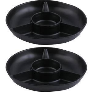 Chip & Dip Serving Tray Set, 4 Sectional Round Melamine Serving Platter, Relish Tray, Round Compartment Appetizer platter for Veggies, Candy and Snacks, Matte Black, Set of 2