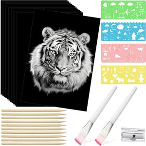 50 Sheet Black Scratch Paper Art Set 8. 5 x 11 Inch Coated Scratchboard Scratch Paper with Wooden Stylus Sharpener and Stencils DIY Painting Art for Adults