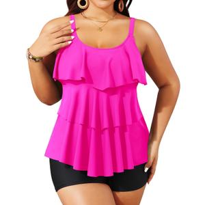 Yonique Womens Plus Size Tankini Swimsuits with Black Shorts Flounce Two Piece Bathing Suit Hot Pink Swimwear XXL