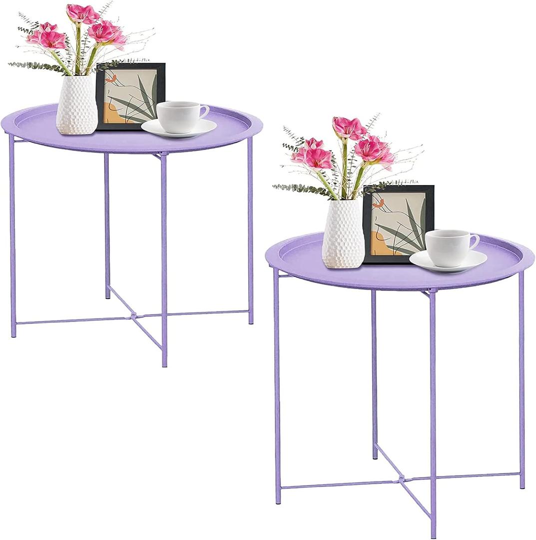 Garden 4 you End Table 2 PCS Metal Side Table Purple Round Folding Tray Cyan Sofa Small Accent Fold-able Table, Round End Table Tray, Next to Sofa Table, Snack Table for Living Room and Bed Room, 19.5''H